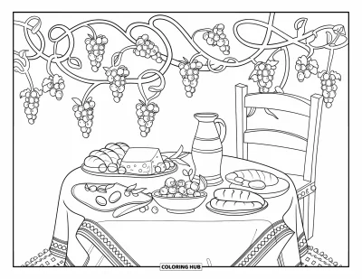Coloriage de Grèce pour adultes : Une table grecque repose sur un tapis tressé avec du fromage, des olives et une cruche d'eau