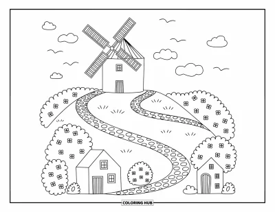 Coloriage de Grèce pour adultes : Un moulin en hauteur veille sur des sentiers sinueux et de charmantes petites maisons entourées de buissons