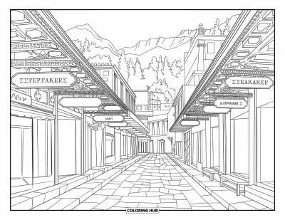 Coloriage de Grèce pour adultes : Une rue historique d'Athènes avec des colonnes, des enseignes et des montagnes en arrière-plan