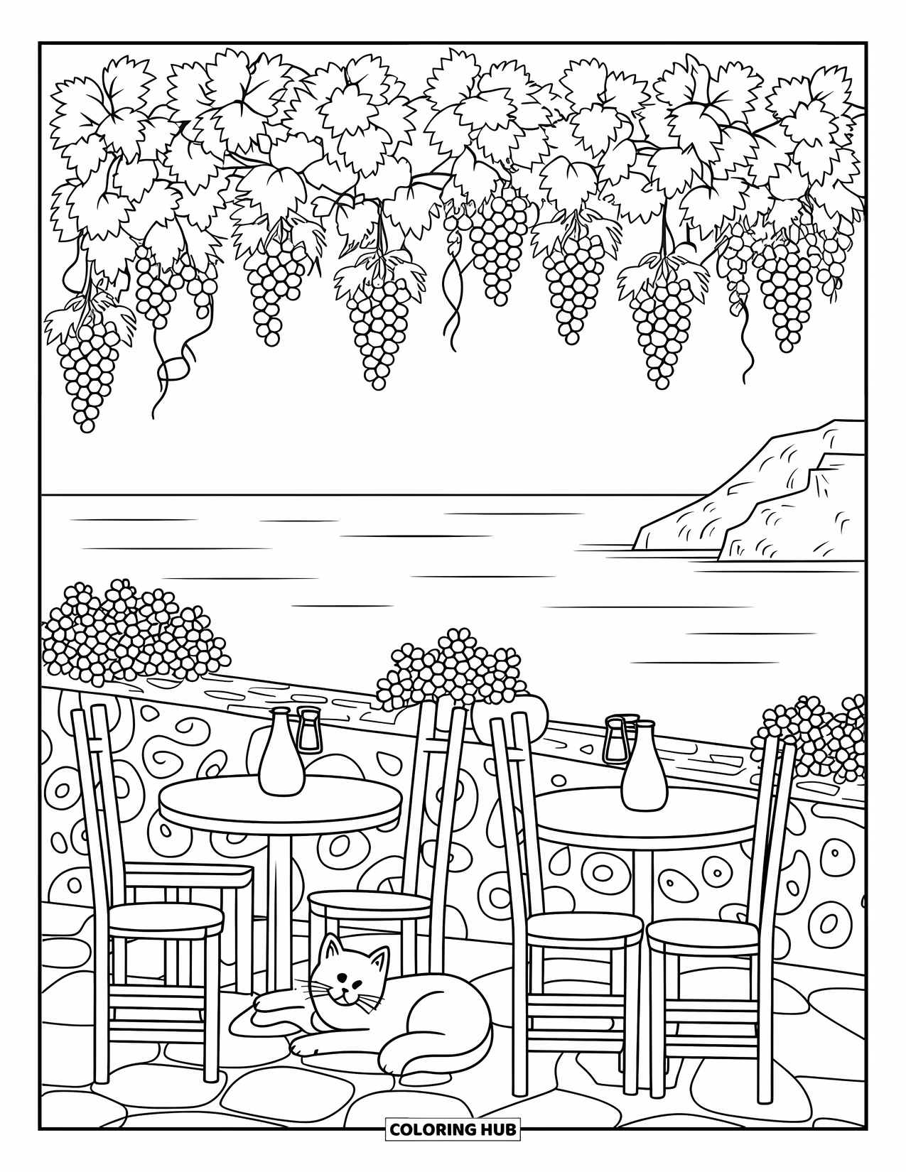 Greece Coloring Page for Adults: A peaceful taverna overlooks the sea, with lanterns, flowers, and a curled-up cat