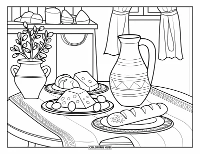 Coloriage de Grèce pour adultes : Une table rustique avec de la feta et des plantes est posée près d'un buffet et d'une fenêtre à rideaux