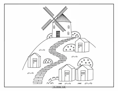 Coloriage de Grèce pour adultes : Un moulin domine un champ de fleurs sauvages et des maisonnettes aux formes rondes et douces