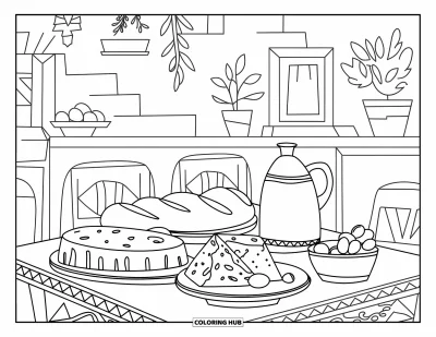 Coloriage de Grèce pour adultes : Une table en bois est garnie de feta, d'olives, de pain et d'une cruche d'eau près de murs bleus