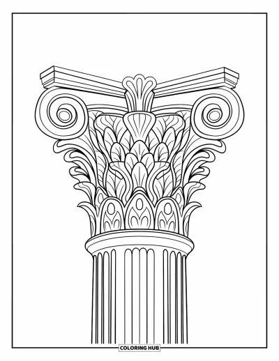Coloriage de Grèce pour adultes : Une somptueuse colonne corinthienne ornée de feuilles d'acanthe et de volutes, idéale pour un coloriage relaxant