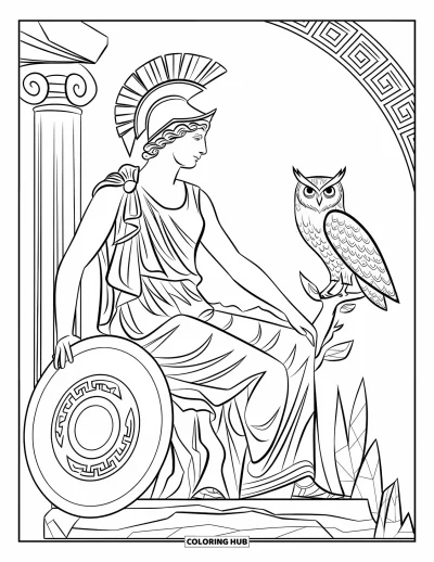 Coloriage de Grèce pour adultes : Athéna est assise près d'une chouette et d'un bouclier sur un rocher, entourée d'éléments antiques