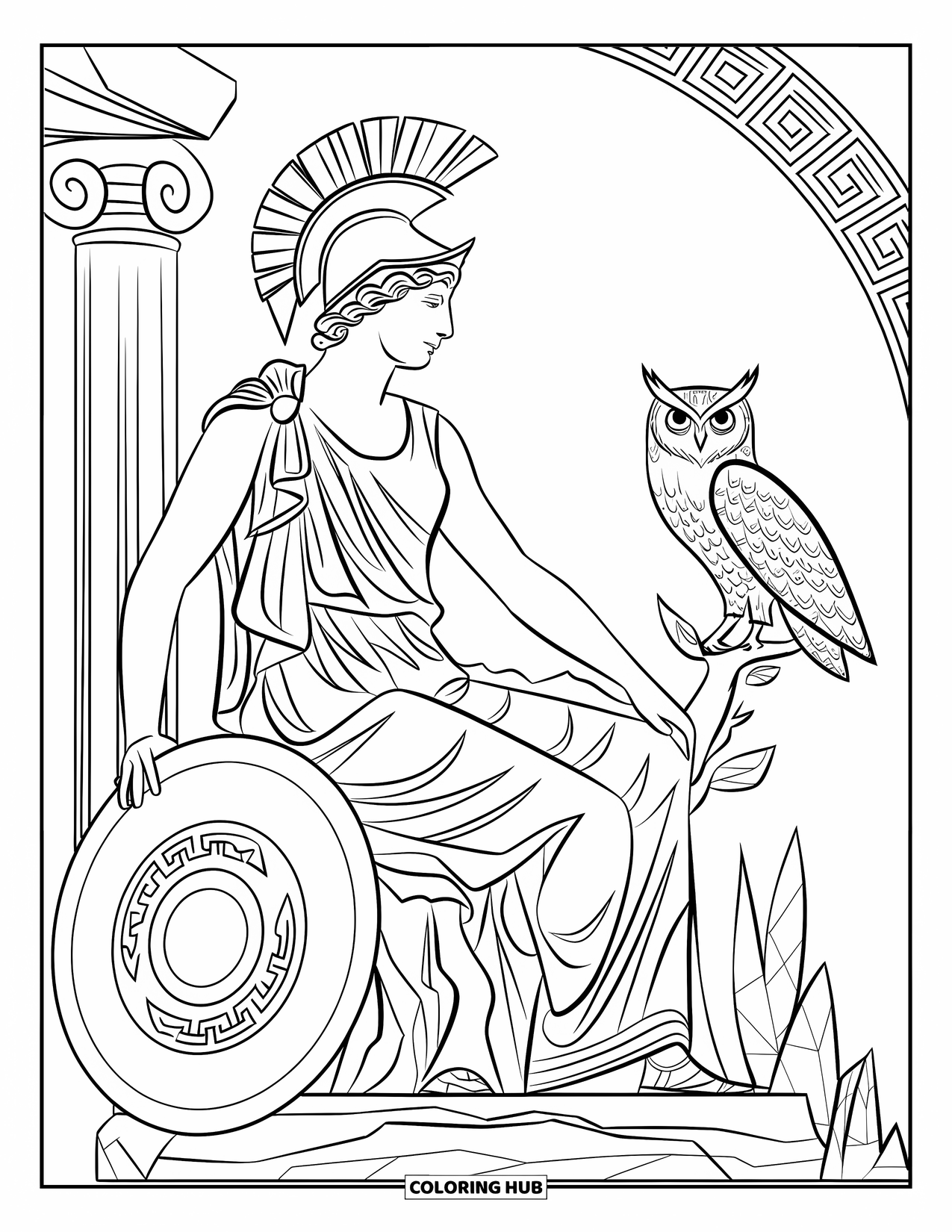 Greece Coloring Page for Adults: Athena sits near an owl and shield on a rock, framed by ancient elements