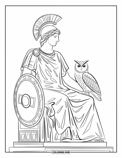 Coloriage de Grèce pour adultes : Athéna est assise avec son casque, son bouclier et sa chouette sur un socle aux contours affirmés