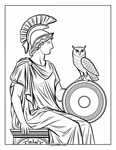 Coloriage de Grèce pour adultes : La statue d'Athéna se détache sur un fond blanc, casquée avec une chouette et un bouclier à motifs