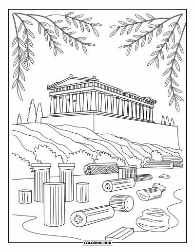 Coloriage de Grèce pour adultes : Des colonnes brisées et des oliviers encadrent le Parthénon en lignes douces et arrondies