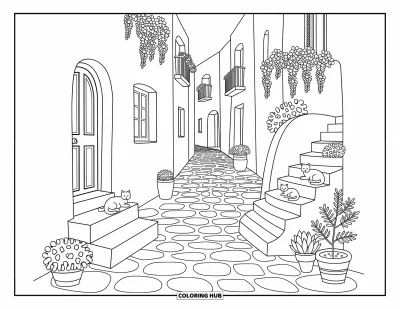 Coloriage de Grèce pour adultes : Des chats font la sieste sur des marches ensoleillées dans une ruelle fleurie aux pavés sinueux