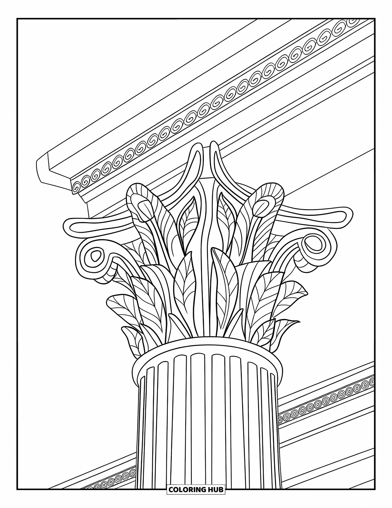Greece Coloring Page for Adults: Detailed Corinthian scrolls and leaves crown a tall column against a white background
