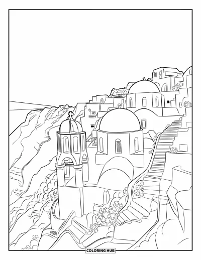 Coloriage de Grèce pour adultes : Des toits à coupoles et des balustrades s'élèvent depuis les maisons en falaise de Santorin au-dessus de la mer