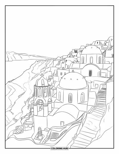 Coloriage de Grèce pour adultes : Les toits à coupoles et les escaliers étroits de Santorin grimpent une falaise au-dessus de la mer Égée