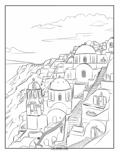 Coloriage de Grèce pour adultes : Les ruelles escarpées de Santorin longent des coupoles bleues et des murs blancs