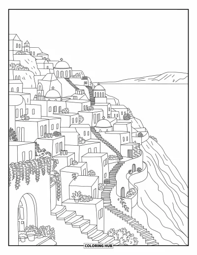 Coloriage de Grèce pour adultes : Des maisons empilées, des coupoles et des vignes composent une vue féerique sur la mer depuis une colline