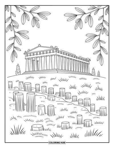 Coloriage de Grèce pour adultes : Des colonnes stylisées et des oliviers encadrent le Parthénon sur une colline grecque apaisante