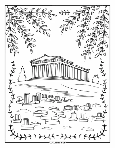 Coloriage de Grèce pour adultes : Le Parthénon se dresse sur une colline ensoleillée, entouré d'oliviers et de ruines antiques