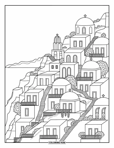 Coloriage de Grèce pour adultes : Des maisons blanches cubiques s'étagent sur une falaise avec des églises à coupoles et des balcons fleuris