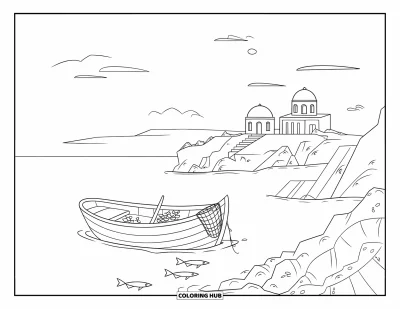 Coloriage de Grèce pour enfants : Un bateau avec des filets repose près de côtes rocheuses et de bâtiments à coupoles