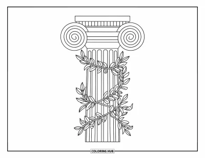 Coloriage de Grèce pour enfants : Une colonne classique est enroulée de branches d'olivier avec une étiquette