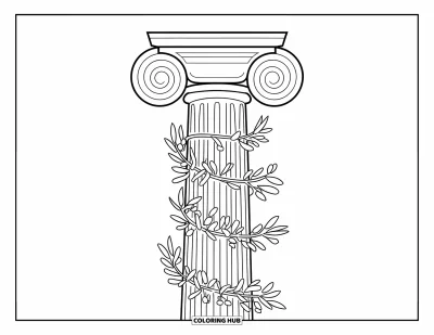 Coloriage de Grèce pour enfants : Une colonne corinthienne se dresse majestueusement, ornée de branches d'olivier