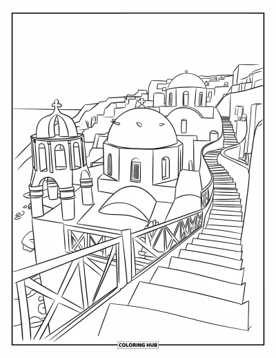 Coloriage de Grèce pour enfants : Un bâtiment à coupole se dresse au bout du chemin en corniche de Santorin