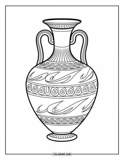 Coloriage de Grèce pour enfants : Un vase grec évasé est suspendu sous des vignes et des feuilles