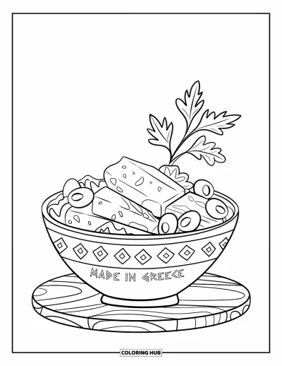 Coloriage de Grèce pour enfants : Un saladier grec est posé sur une planche avec l'étiquette "Made in Greece"