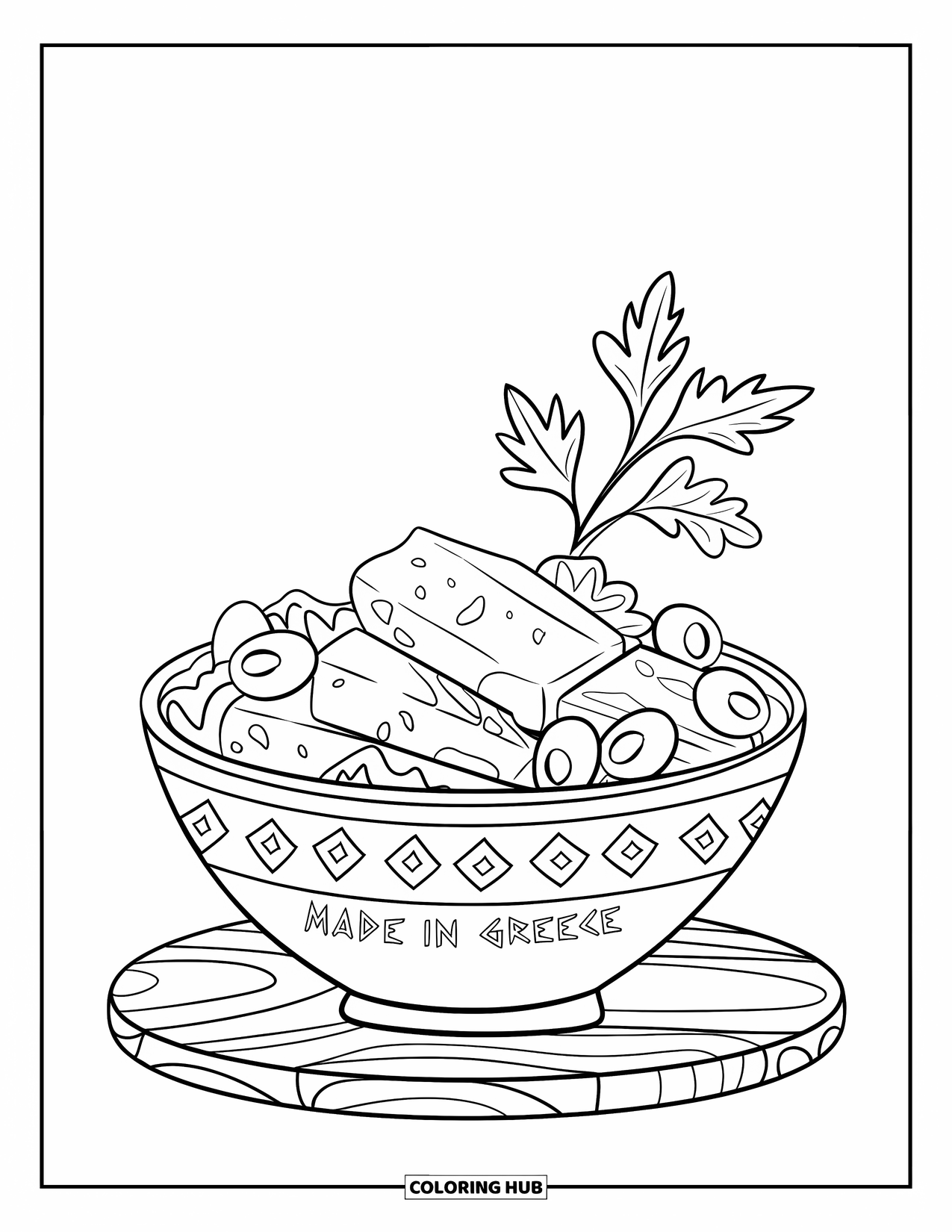 Greece Coloring Page for Kids: A Greek salad bowl sits on a board labeled "Made in Greece"