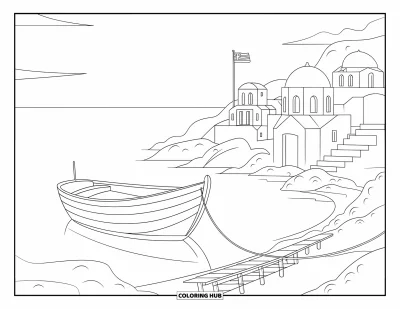 Coloriage de Grèce pour enfants : Une échelle s'appuie contre un bateau près de maisons insulaires aux toits rouges