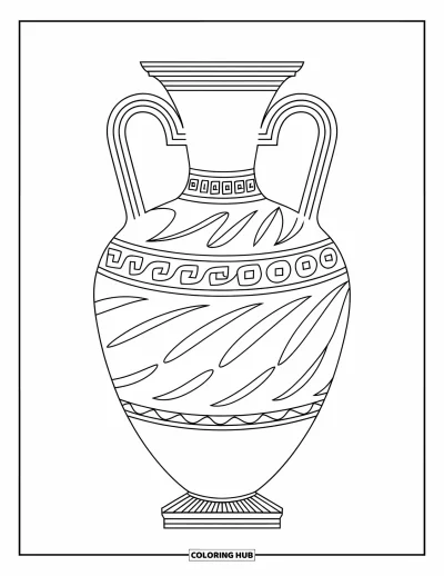 Coloriage de Grèce pour enfants : Un grand vase grec orné de spirales se détache sur un fond blanc