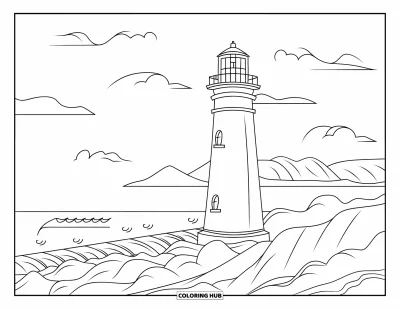 Coloriage de Grèce pour enfants : Un phare se dresse au-dessus des vagues et des nuages tourbillonnants