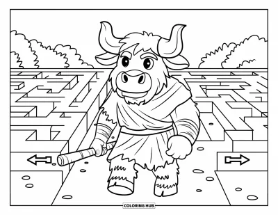Coloriage de Grèce pour enfants : Un minotaure portant une massue avance dans un labyrinthe de pierre
