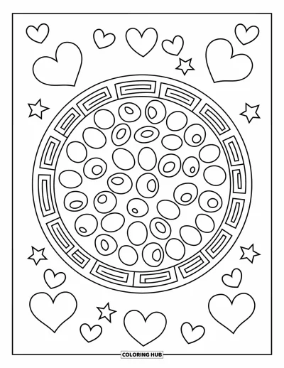 Coloriage de Grèce pour enfants : Une assiette d'olives et de feta est entourée de cœurs et d'étoiles