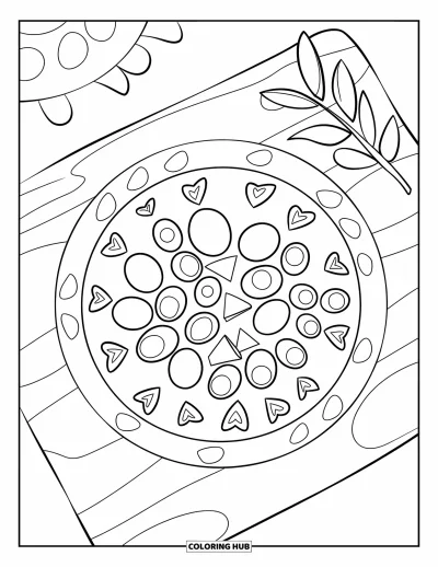 Coloriage de Grèce pour enfants : Une assiette ronde de feta et d'olives repose près d'une feuille verte