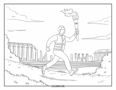 Coloriage de Grèce pour enfants : Un coureur porte la flamme olympique devant des ruines sous un ciel nuageux