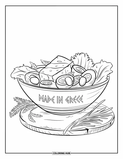 Coloriage de Grèce pour enfants : Un saladier rempli de feta et d'olives est posé sur une planche