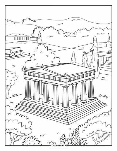 Coloriage de Grèce pour enfants : Un petit temple se niche dans la verdure avec des bâtiments au loin