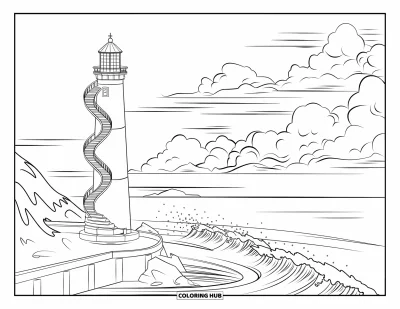Coloriage de Grèce pour enfants : Un phare en spirale surplombe les vagues sous un ciel couvert