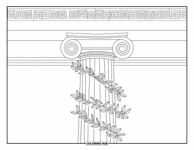 Coloriage de Grèce pour enfants : Une grande colonne corinthienne est décorée de branches d'olivier