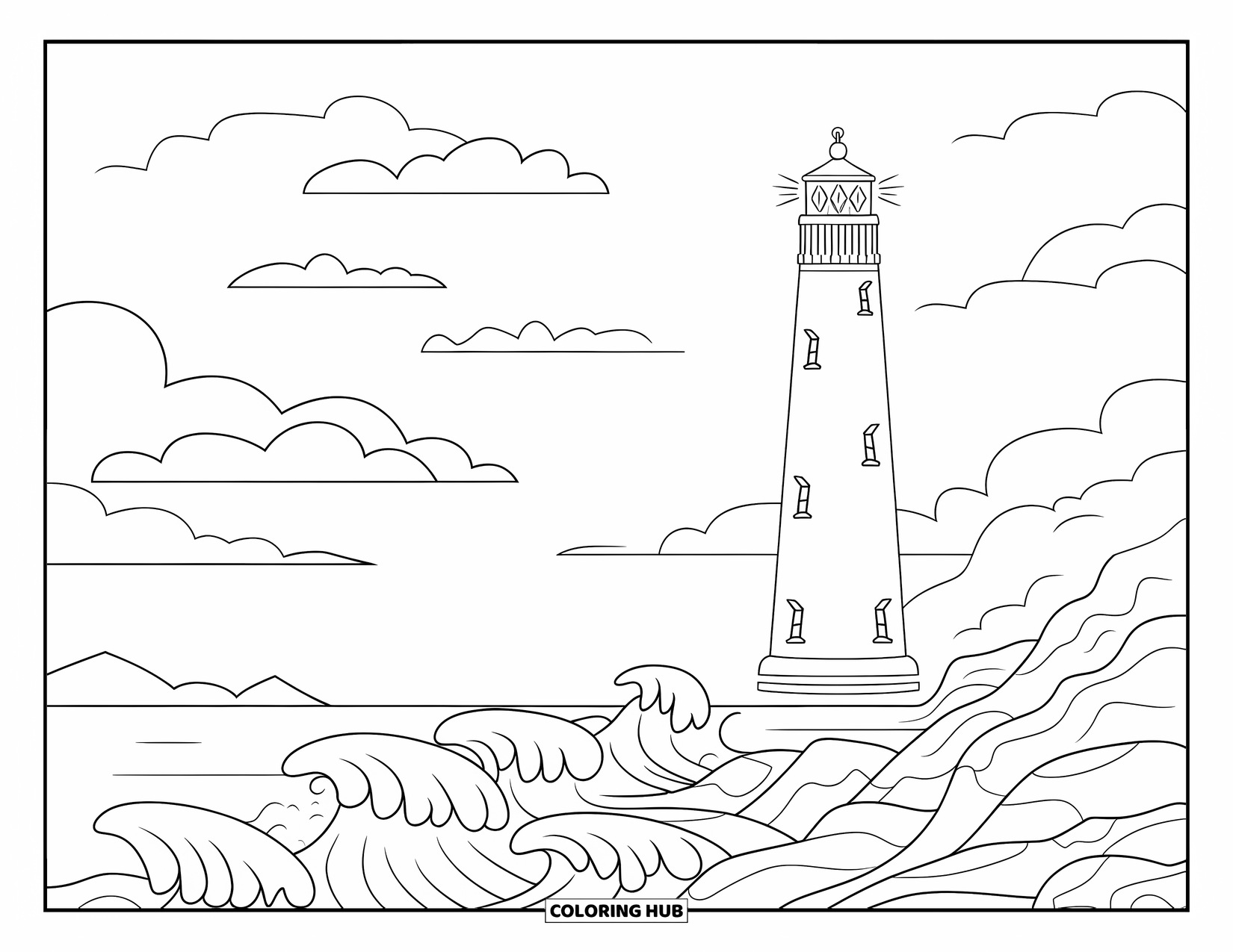Greece Coloring Page for Kids: A tall lighthouse with a glowing top overlooks crashing coastal waves