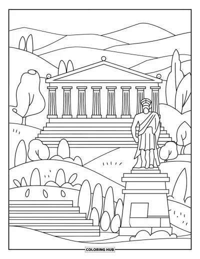 Coloriage de Grèce pour enfants : Un temple, une statue et des oliviers composent une paisible scène grecque