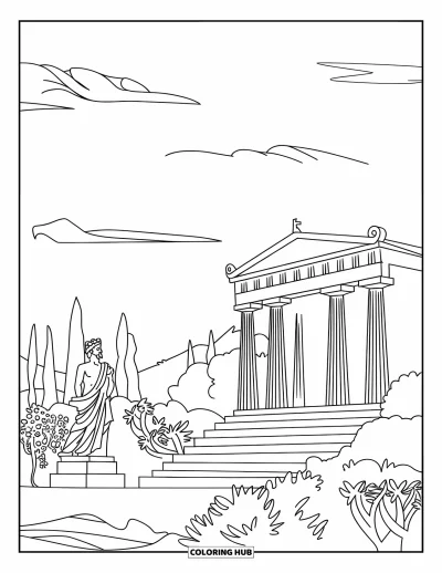 Coloriage de Grèce pour enfants : Un temple avec des statues et des plantes se dresse sous un ciel serein