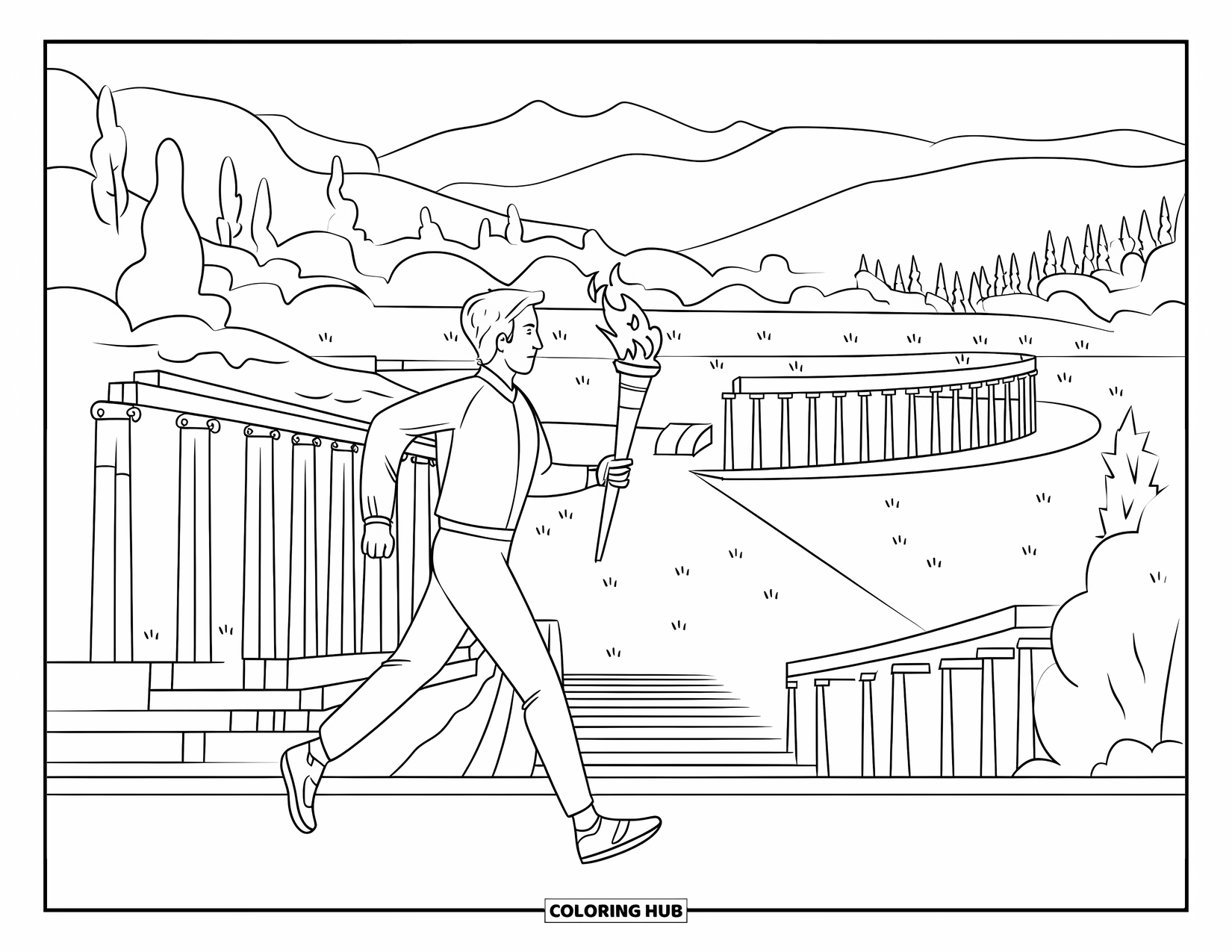 Greece Coloring Page for Kids: A torch bearer runs past ancient ruins and mountains in Olympia
