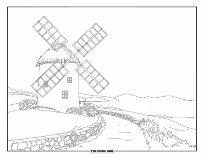 Coloriage de Grèce pour enfants : Un moulin est installé sur une colline bordée de fleurs sauvages et d'un chemin de pierre