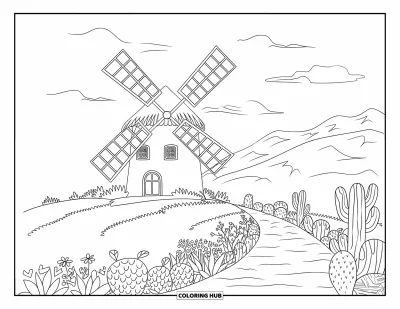 Coloriage de Grèce pour enfants : Un moulin entouré de cactus se détache sous un ciel bleu