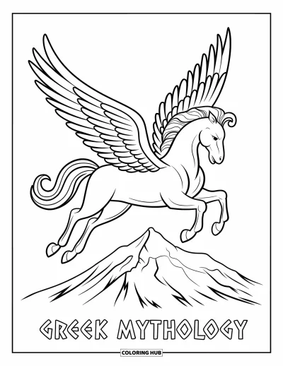 Coloriage de Grèce pour enfants : Un Pégase ailé à tête humaine survole le mont Olympe
