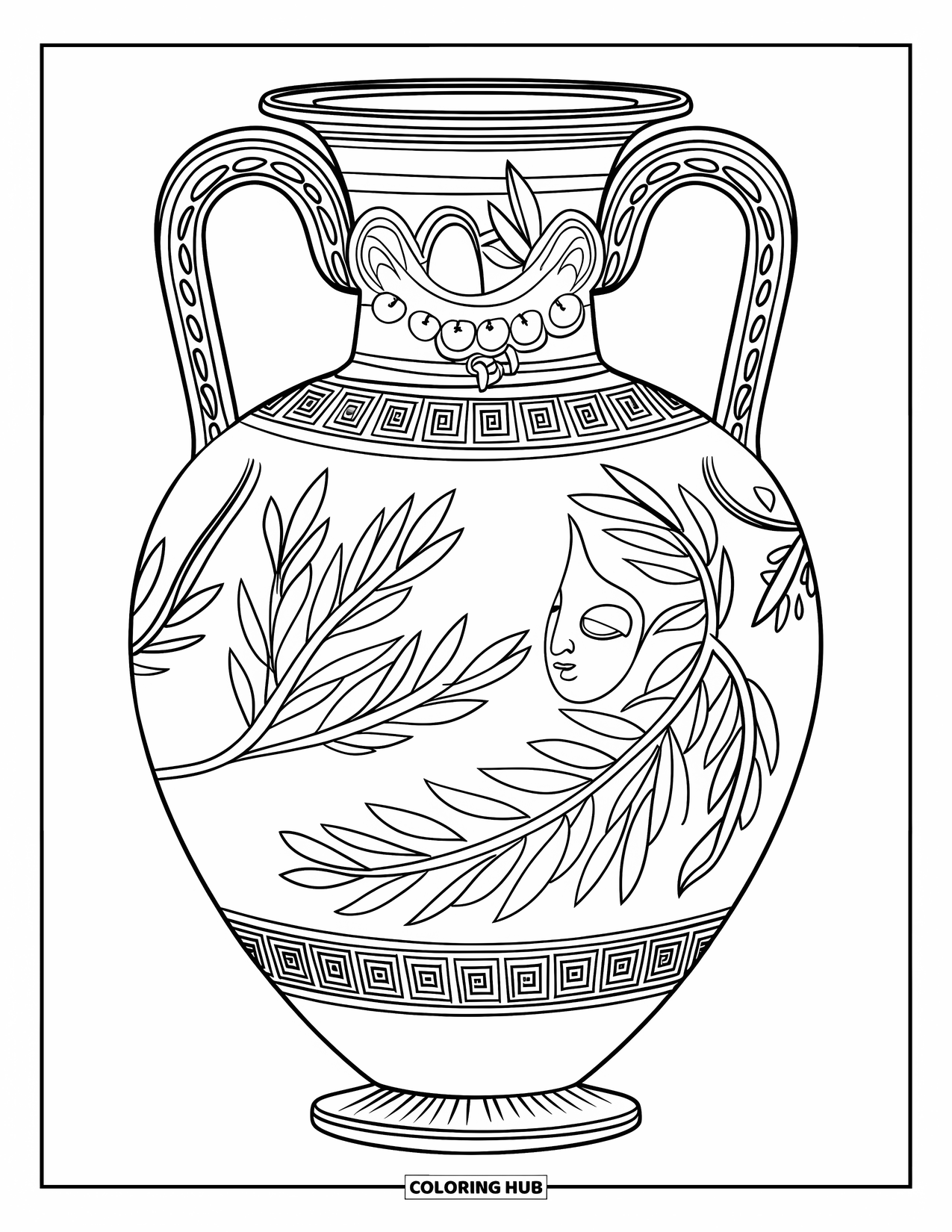 Greece Coloring Page for Kids: An ancient vase features olive branches and a sculpted face