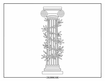 Coloriage de Grèce pour enfants : Une élégante colonne grecque est enveloppée de branches d'olivier
