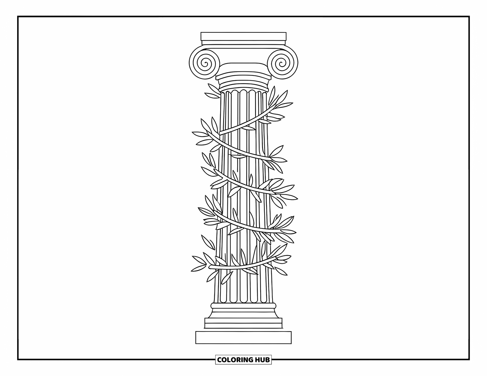 Greece Coloring Page for Kids: An elegant Greek column is wrapped in olive branches